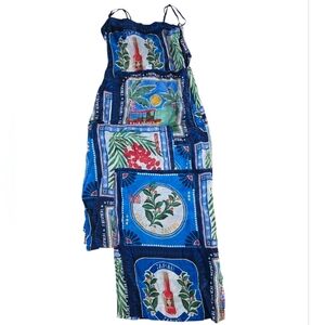 FARM Rio Square Neck Bandana Blue and Green Tropical Midi Dress Size S